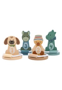 Four colorful wooden animal-shaped toys: a dog, donkey, duck, and dragon, with numbers 1-4, each with distinct facial features and playful designs.
