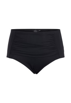 Zwarte zwemonderdelen met hoge taille en geplooide textuur aan de voorkant, gemaakt van glad, rekbaar materiaal voor comfort. Geen zichtbare hardware.