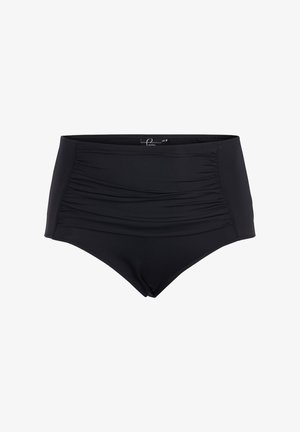 Hochgeschnittene schwarze Badehosen mit geraffter Textur an der Vorderseite, aus glattem, dehnbarem Material für zusätzlichen Komfort. Keine sichtbaren Beschläge.