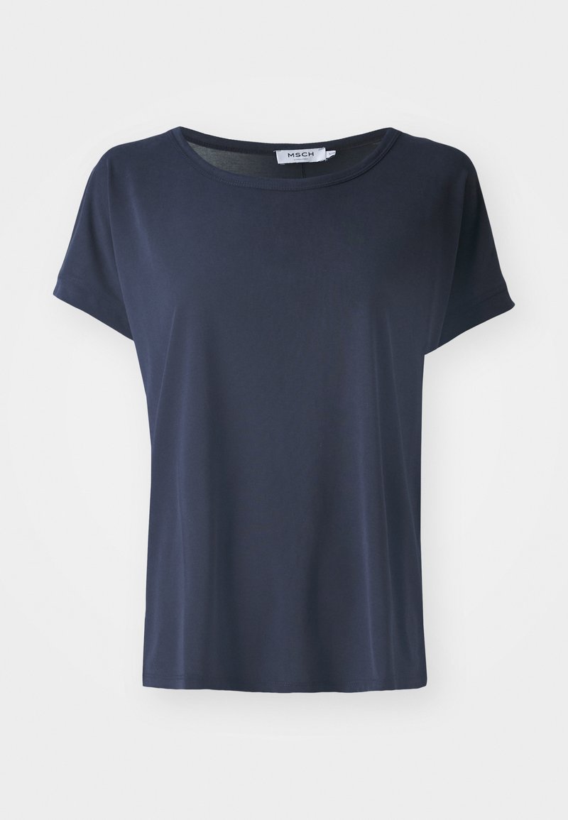 Marineblauwe T-shirt met korte mouwen, gemaakt van gladde, lichte stof. Heeft een ronde halslijn en een eenvoudig, onversierd ontwerp.