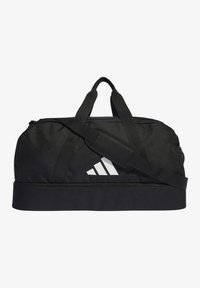Borsone nero realizzato in tessuto resistente, dotato di due manici e di una tracolla. Logo Adidas bianco ben visibile sulla parte anteriore.