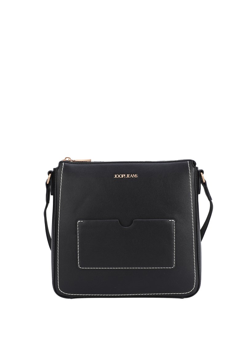 Borsa a tracolla nera in pelle con cucitura bianca, tasca frontale e dettagli in metallo dorato. Presenta una chiusura con zip e tracolla regolabile.