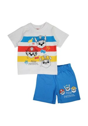 Set per bambini della Paw Patrol composto da una maglietta bianca a maniche corte con strisce colorate e un paio di pantaloni corti blu con grafiche.