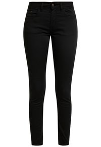 Jeans skinny negros con una textura suave, que presentan un cierre frontal de botón y cremallera, dos bolsillos delanteros y un diseño ajustado.