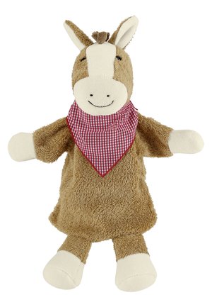 Stuffed donkey toy with brown fur, cream-colored feet and inner ears, smiling face, and red checked bandana around its neck.