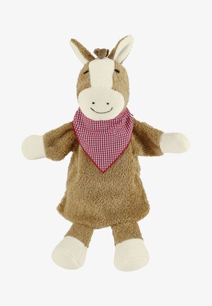 Stuffed donkey toy with brown fur, cream-colored feet and inner ears, smiling face, and red checked bandana around its neck.