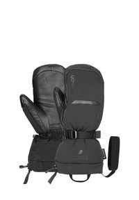 Schwarze isolierte Handschuhe mit Lederflächen, verstellbaren Handgelenkriemen, elastischen Bündchen und einer Kombination aus glatten und strukturierten Materialien.