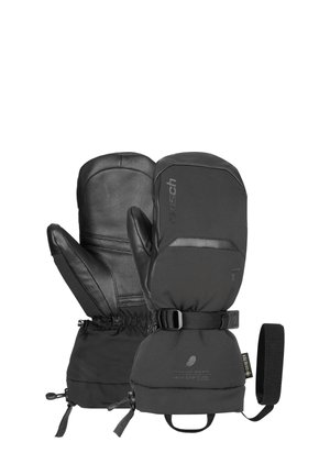 Schwarze isolierte Handschuhe mit Lederflächen, verstellbaren Handgelenkriemen, elastischen Bündchen und einer Kombination aus glatten und strukturierten Materialien.