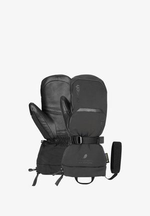 Schwarze isolierte Handschuhe mit Lederflächen, verstellbaren Handgelenkriemen, elastischen Bündchen und einer Kombination aus glatten und strukturierten Materialien.