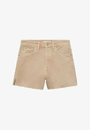 Beige denim shorts with a frayed hem, two front pockets, and a stitched waistband. Features a button closure and side slits.