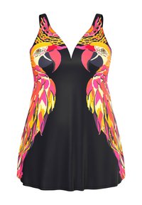Robe de bain noire ornée de designs de perroquets vibrants en rose, jaune et orange sur le buste et les côtés, avec un décolleté en V et une coupe sans manches.