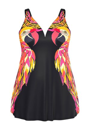 Zwarte zwemjurk met levendige ontwerpen van roze, gele en oranje papegaaien op de buste en zijkanten, met een V-halslijn en zonder mouwen.