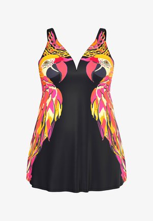 Vestido de baño negro con diseños vibrantes de loros en rosa, amarillo y naranja en el busto y los lados, con escote en V y sin mangas.