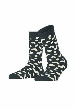 Schwarze Socken mit einem cremefarbenen abstrakten Muster, aus weichem Textilmaterial gefertigt. Knöchellang mit einem gerippten Bündchen für Komfort und Passform.