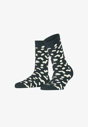 Zwarte sokken met een crèmekleurig abstract patroon, gemaakt van zacht textielmateriaal. Korte lengte met een geribde boord voor comfort en goede pasvorm.