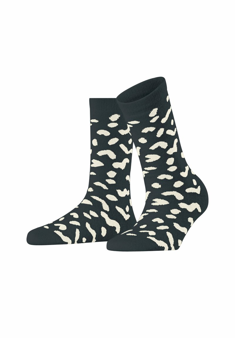 Zwarte sokken met een crèmekleurig abstract patroon, gemaakt van zacht textielmateriaal. Korte lengte met een geribde boord voor comfort en goede pasvorm.