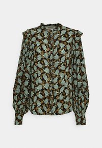 Blusa nera con motivo floreale caratterizzata da foglie azzurro chiaro e marroni, colletto volant e chiusura frontale con bottoni. Maniche lunghe a sbuffo con polsini arricciati.