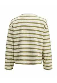 Langærmet, cropped top med grønne og cremefarvede vandrette striber. Blødt, struktureret stof med rund hals og afslappet pasform.
