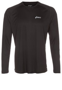 Svart långärmad skjorta i lätt tyg. Har rund halsringning och Asics-logotypen på bröstet. Slät, mönsterfri textur.