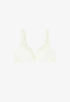White lace bra with padded cups, scalloped edges, and adjustable straps; soft fabric with textured pattern and floral detailing at the center.