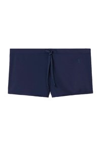 Navyblaue Badeshorts aus elastischem Material, mit einem Kordelzugverschluss an der Taille und einem kleinen Logodetail an der Seite.
