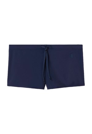 Navyblaue Badeshorts aus elastischem Material, mit einem Kordelzugverschluss an der Taille und einem kleinen Logodetail an der Seite.