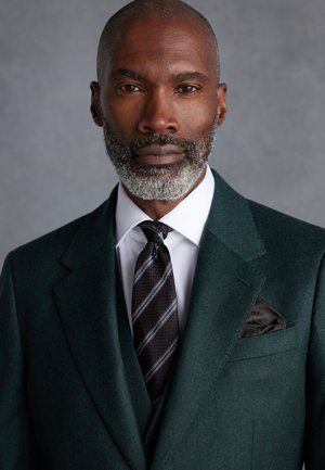 Homme confiant avec une barbe grise portant un costume vert foncé, une chemise blanche et une cravate noire à rayures sur un fond gris.