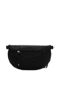 Borsa in pelle nera con forma arrotondata, dotata di una tasca frontale con cerniera e tracolle regolabili. Texture liscia e design minimalista.