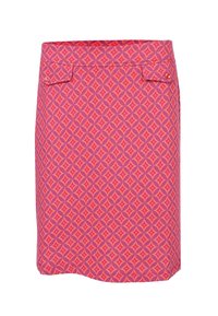 Patterned skirt in pink and purple hues featuring a diamond design, with two front pockets and button accents at the waistband.