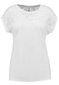 T-shirt bianco con tessuto a rete testurizzato e decorato sulle spalle, maniche corte e una vestibilità casual e comoda.