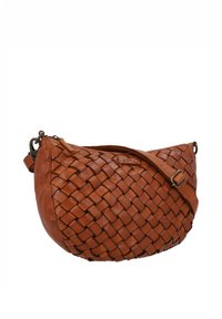 Brown leather crossbody bag with woven texture and adjustable strap on a white background.
