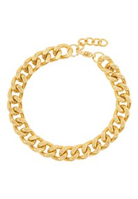 Bracciale in oro con ampie maglie intrecciate. Texture liscia con finitura lucida, dotato di chiusura a moschettone e catena di estensione.