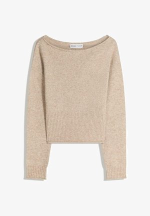 Béžový krátký svetr se širokým výstřihem a žebrovanými manžetami. Měkká textura, vyrobená z vlněné směsi, s minimalistickým designem.