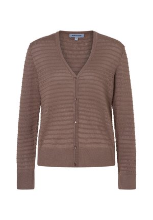 Bruine gebreide cardigan met horizontale gestructureerde strepen, V-hals, lange mouwen en knoopsluiting aan de voorkant.