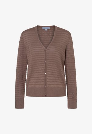 Bruine gebreide cardigan met horizontale gestructureerde strepen, V-hals, lange mouwen en knoopsluiting aan de voorkant.