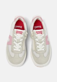 White and light grey sneakers with pink accents, mesh texture, lace-up closure, and Camper branding on red interior and tongue.