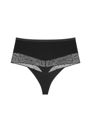 Black high-waist thong with a V-shaped lace band across the front featuring a floral pattern.