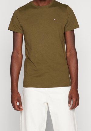 Olivengrøn bomulds T-shirt med korte ærmer og rund halsudskæring, med et lille logo på brystet.