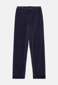 Navy blue velvet trousers with an elastic waistband, straight legs, and a soft, smooth texture. Suitable for casual wear or lounging.