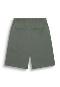 Shorts en coton vert avec une taille élastique, dotés de deux poches arrière et d'une texture lisse sans motifs ni accents visibles.