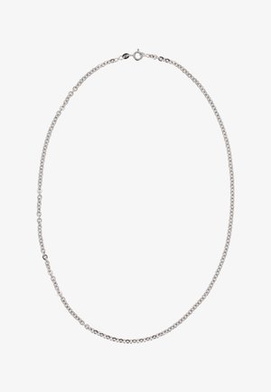 Silberne Metallkette mit einem einfachen Glieddesign, ausgestattet mit einem sicheren Verschluss, der eine elegante, glatte Textur und eine einheitliche Farbe bietet.