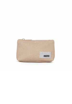 Beige pencil case made of textured fabric with a zip closure. Features a white patch labeled "RENEW VITA." Simple rectangular design.