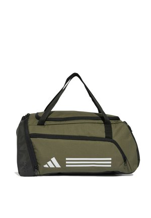 Borsa sportiva verde e nera con due manici, scomparti con cerniera e logo bianco Adidas con strisce sul lato.