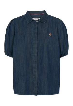 Jeansskjorta i mörkblått med korta puffärmar, knäppning fram och en liten broderad logotyp på vänster bröst.