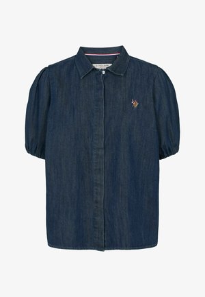 Jeansskjorta i mörkblått med korta puffärmar, knäppning fram och en liten broderad logotyp på vänster bröst.
