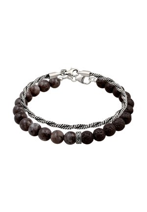 Double-strand bracelet with polished grey and porous black round beads, twisted silver-tone metal chain, and lobster clasp closure.