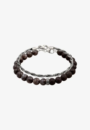 Doppelstrang-Armband mit polierten grauen und porösen schwarzen runden Perlen, verdrehter silberfarbener Metallkette und Karabinerverschluss.