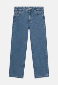 Light blue denim jeans with a straight-leg design, featuring visible stitching, two front pockets, and a button closure.