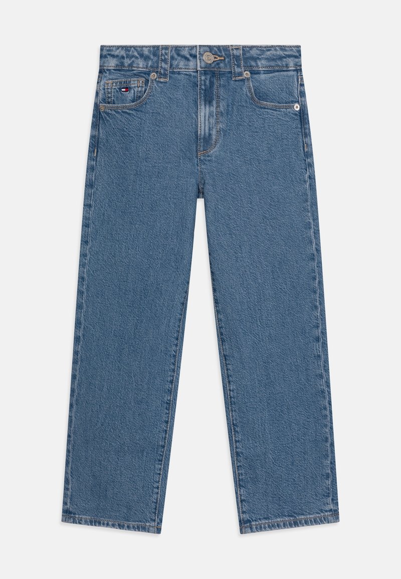 Light blue denim jeans with a straight-leg design, featuring visible stitching, two front pockets, and a button closure.