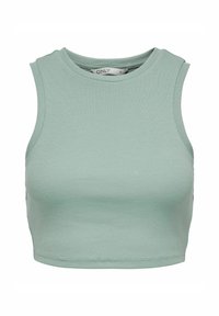 Mintgroene geribde mouwloze crop top met een ronde halslijn en aansluitend design. Zachte textuur, perfect om te combineren of voor warmere weersomstandigheden.
